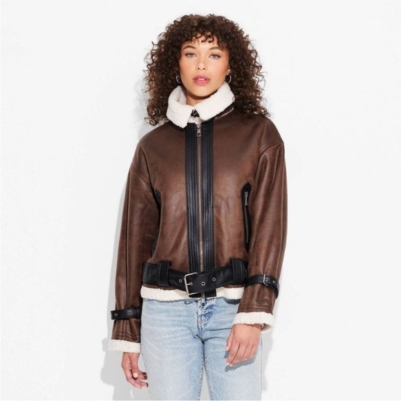 Faux Shearling Aviator Jacket Vintage Style Wild Fable Brown SIZE XL NWT - Picture 9 of 11